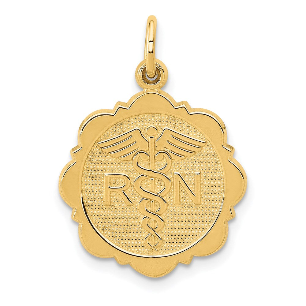 14k RN Registered Nurse Textured Back Disc Charm, 25 x 15 mm