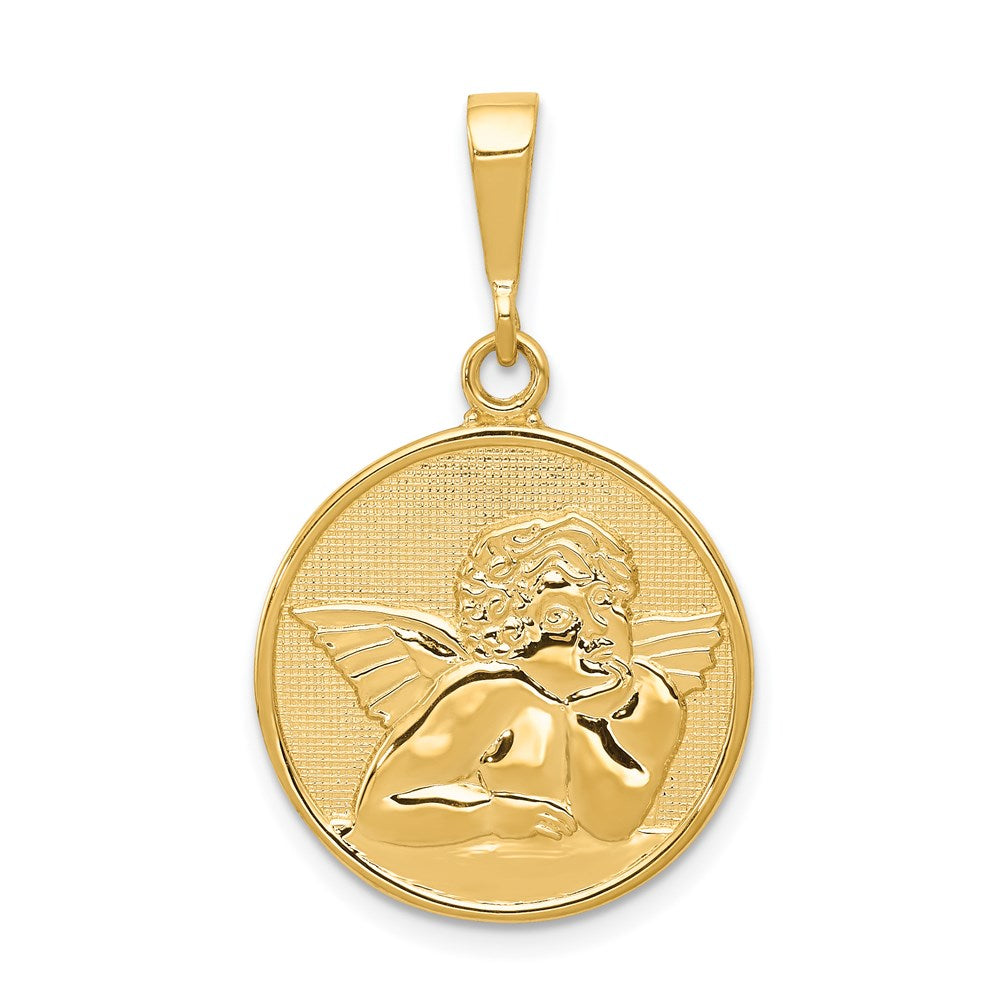 14K Polished and Satin Angel Round Pendant, 33 x 20 mm