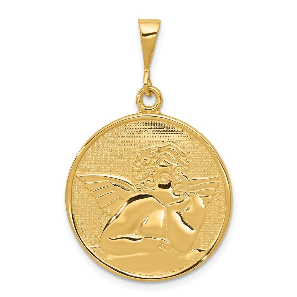 14K Polished and Satin Angel Round Pendant, 36 x 22 mm