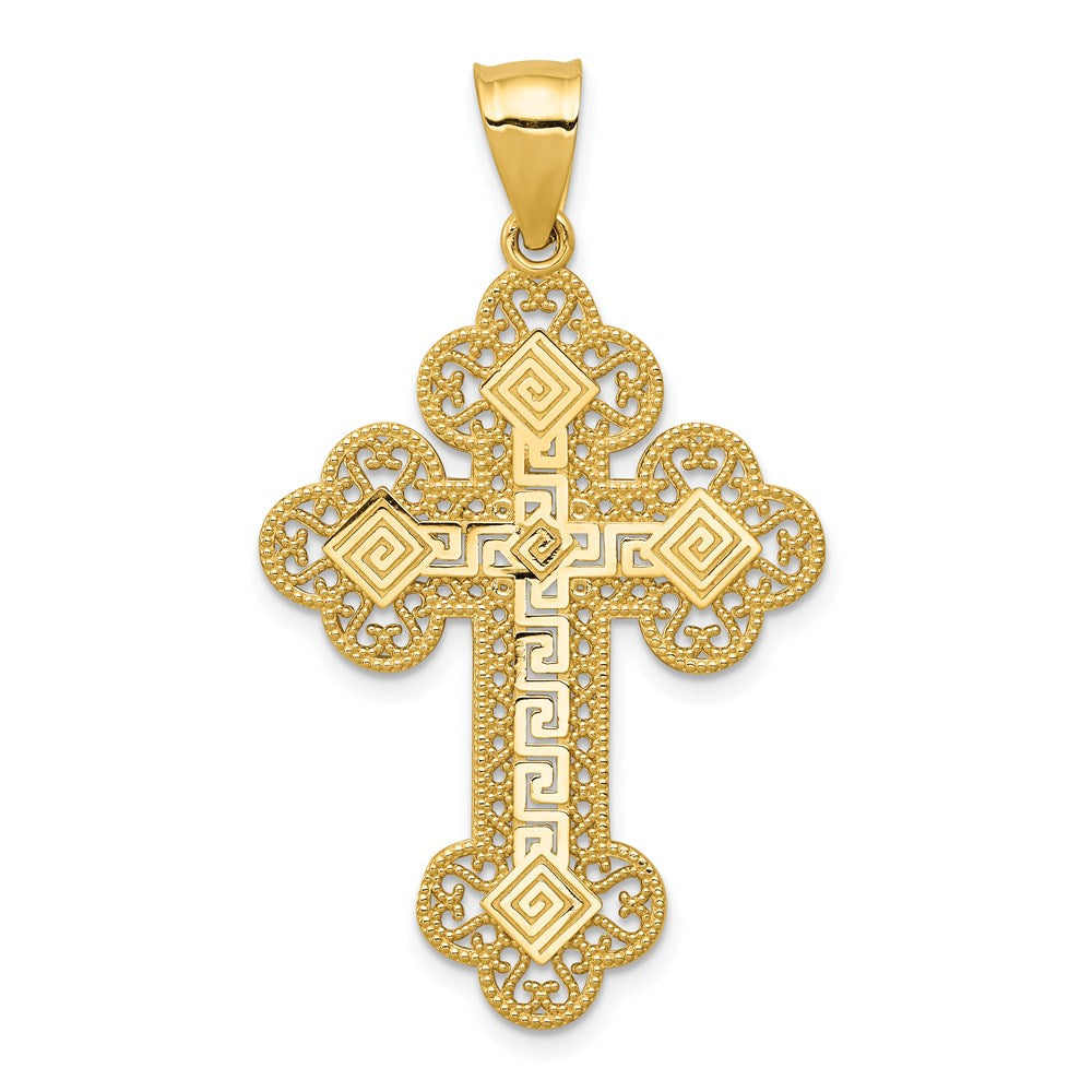 14k Budded Greek Key Cross Pendant, 44 x 25 mm