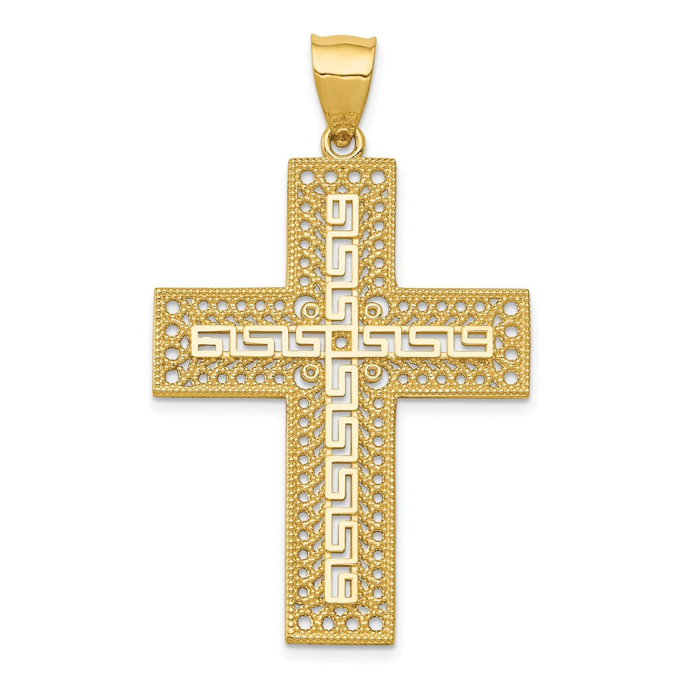 14k Greek Key Filigree Cross Pendant, 47 x 28 mm