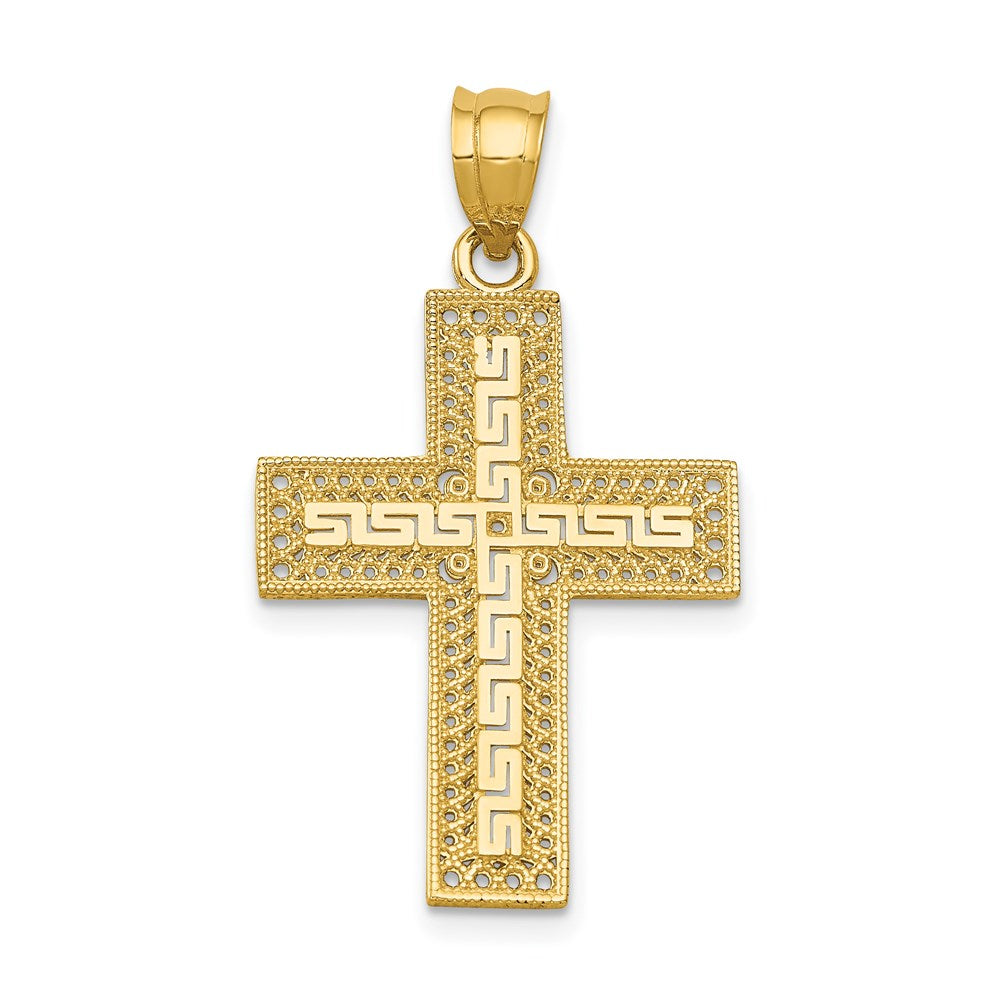 14k Greek Key Filigree Cross Pendant, 33 x 18 mm