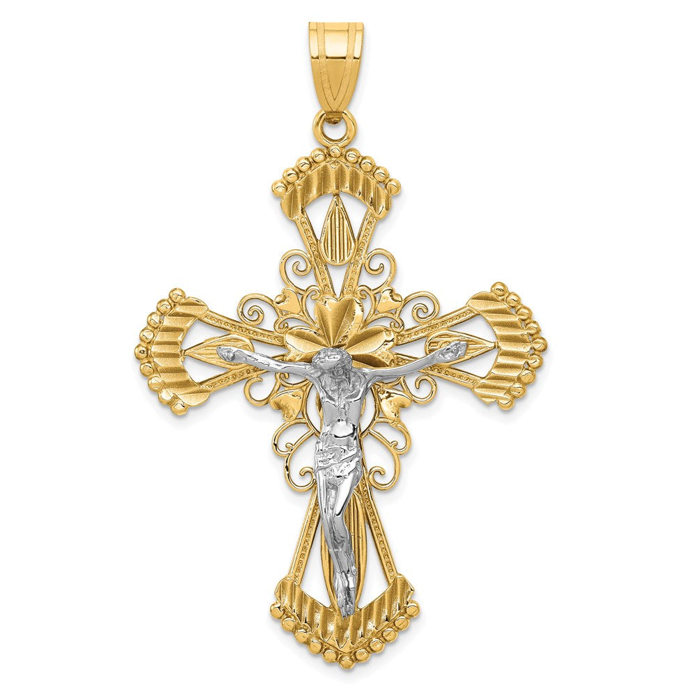 14k Two-tone Large Diamond-cut Crucifix Pendant, 56 x 35 mm