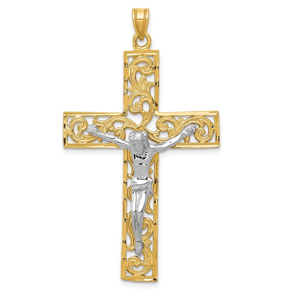 14k Two-tone Diamond-cut Filigree Crucifix Pendant, 56 x 30 mm