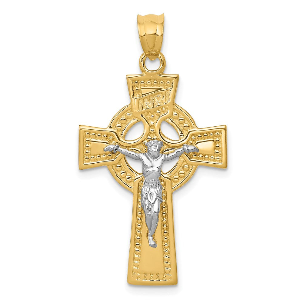 14k Two-tone INRI Celtic Crucifix Pendant, 37 x 21 mm