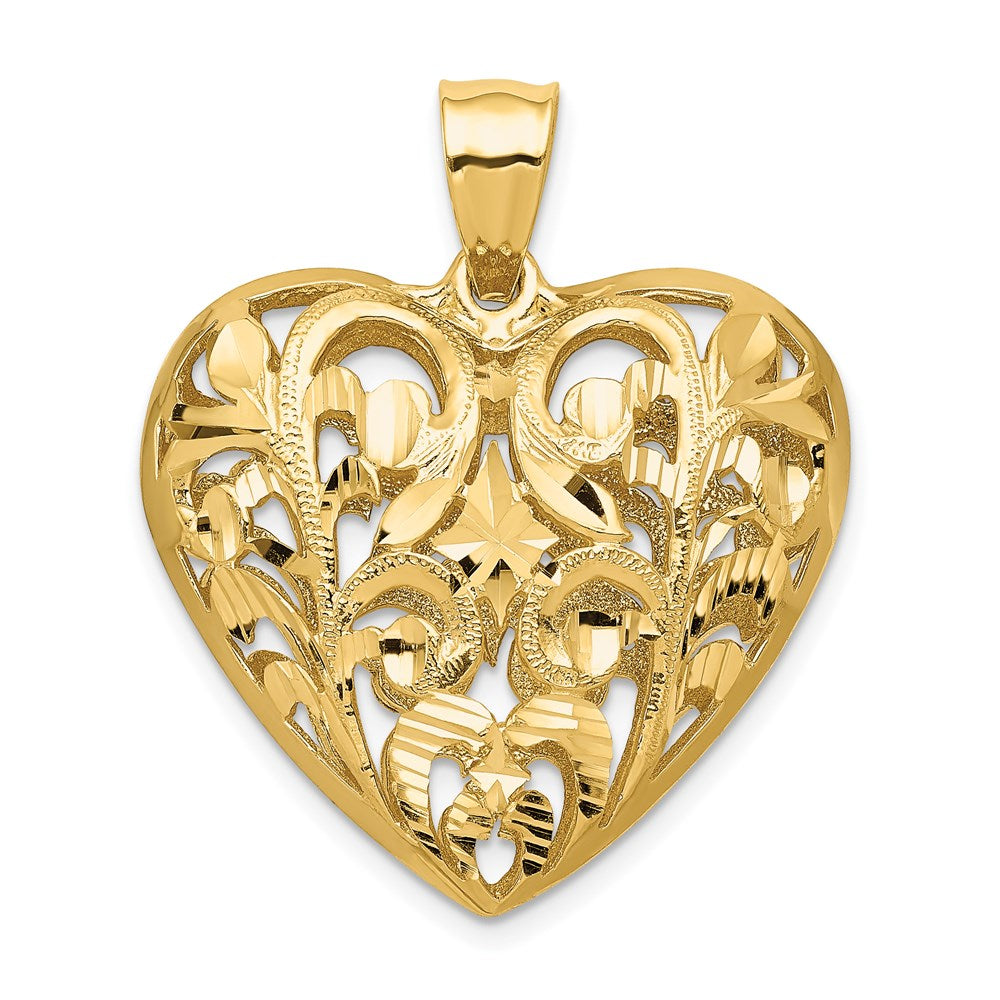 14K Polished Diamond-cut Filigree 3-D Heart Pendant, 31 x 27 mm