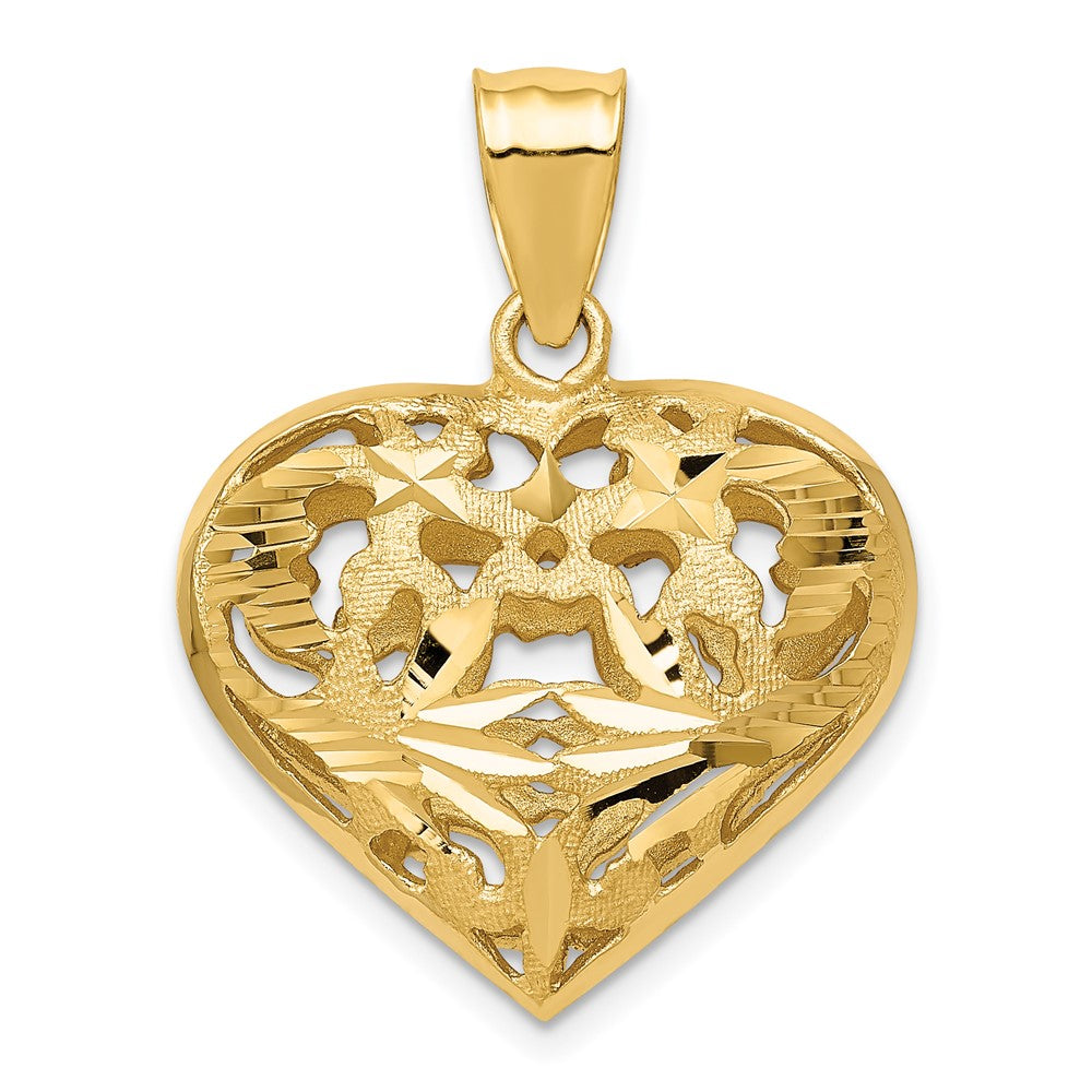 14k Polished Diamond-cut Fancy 3-D Heart Charm, 26 x 22 mm