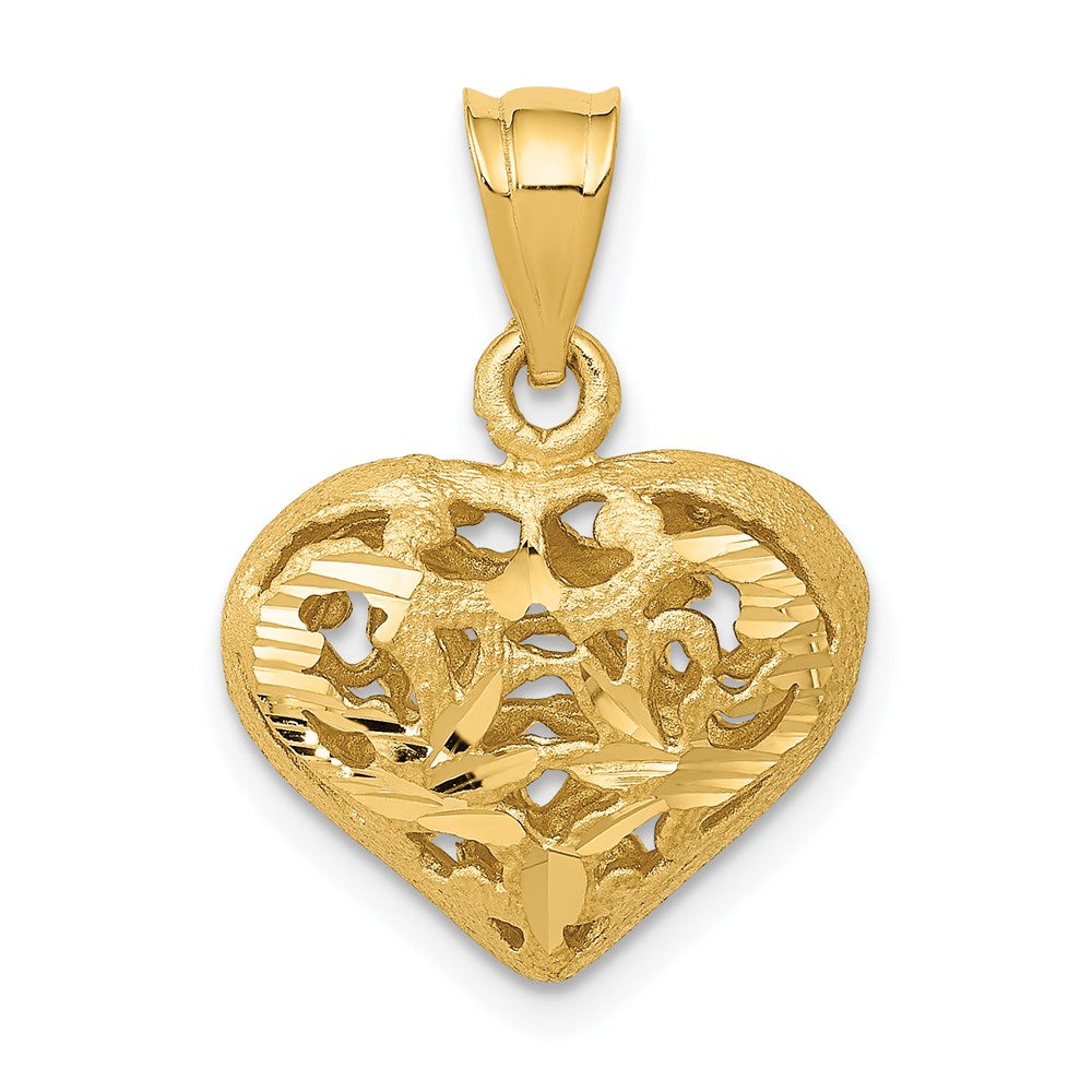 14K Polished 3-D Filigree Puffed Heart Pendant, 21 x 15 mm