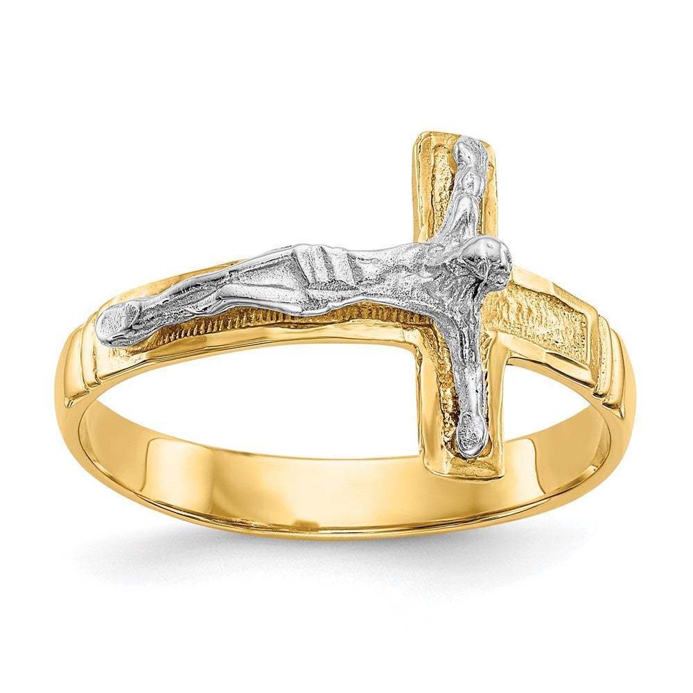 14K Two-Tone Mens Polished Diamond-Cut Crucifix Ring, Size 9