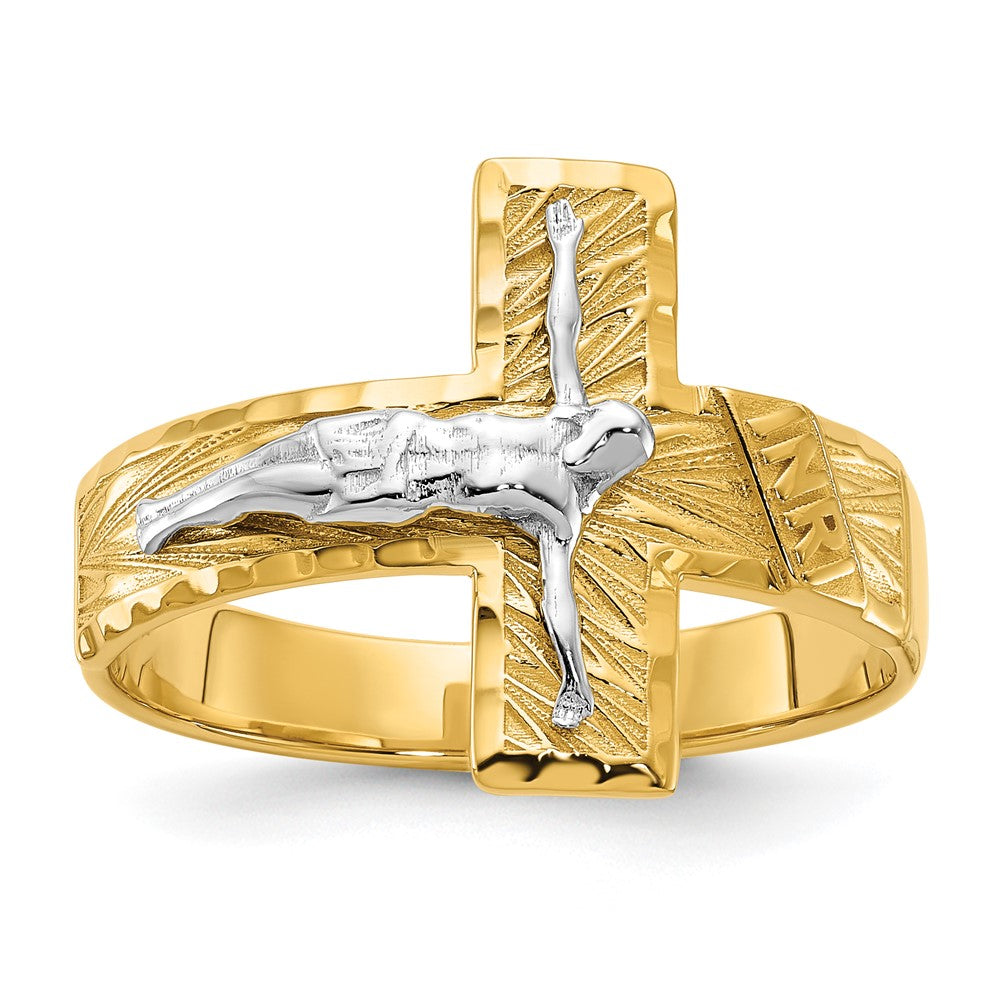 14k Two-tone Mens Polished and Diamond-Cut Crucifix Ring, Size 10