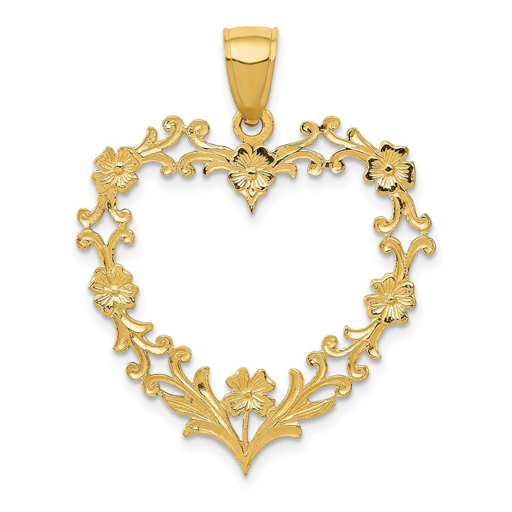 14K Polished Floral Border Heart Pendant, 34 x 27 mm