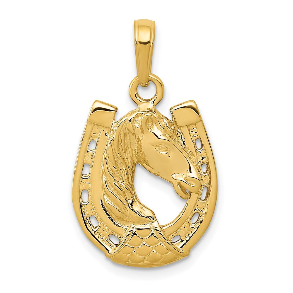 14k Solid Polished Horse Head in Horseshoe Pendant, 20 x 10 mm