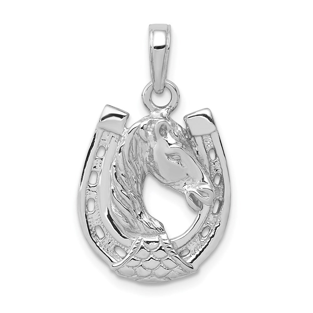 14k White Gold Solid Polished Horse Head in Horseshoe Pendant, 20 x 10 mm