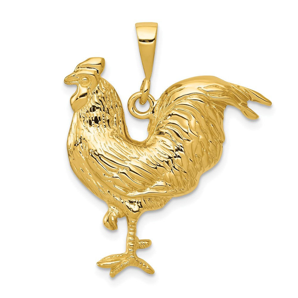 14k Solid Polished Open-Backed Rooster Pendant, 32 x 26 mm