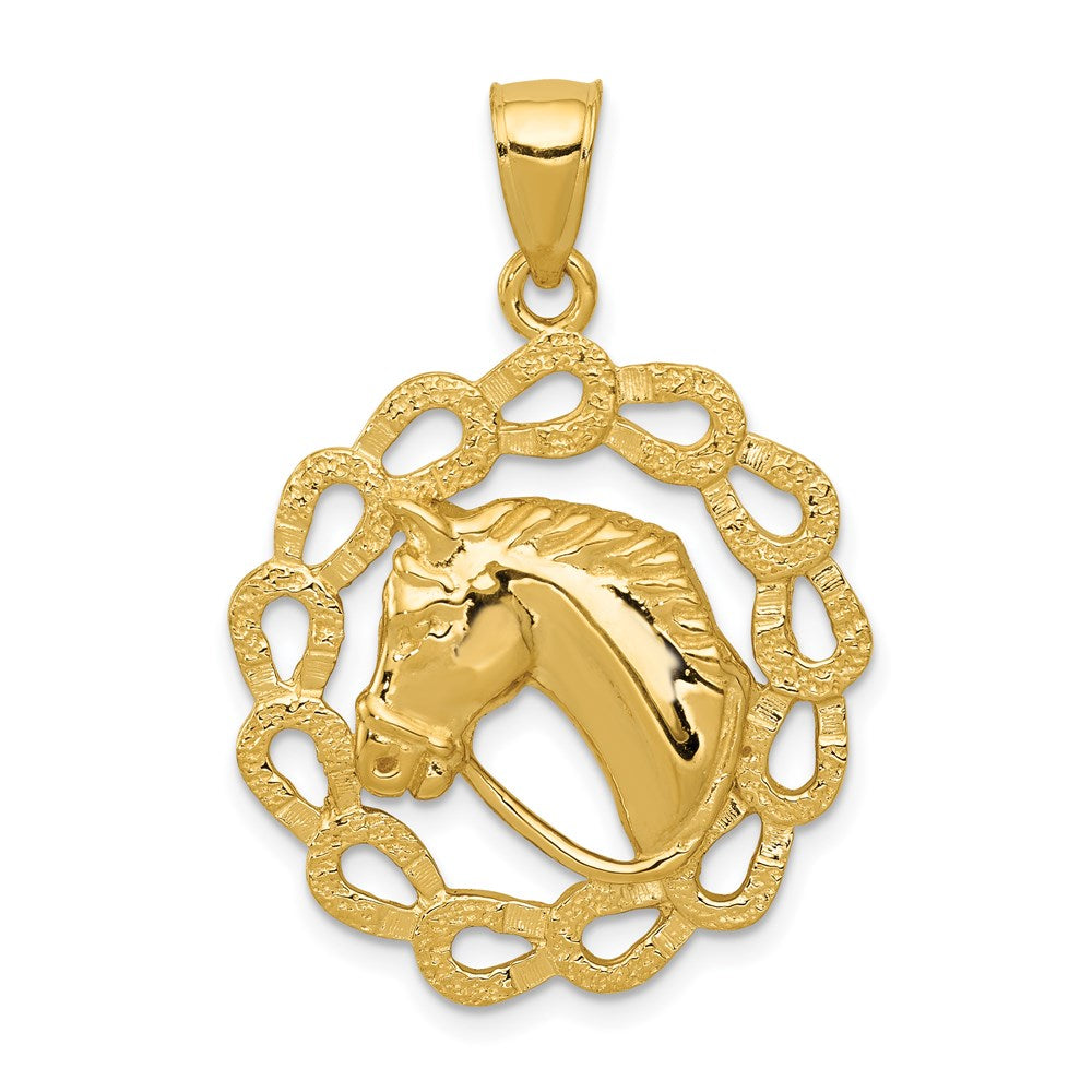 14k Solid Polished Horse Head in Horseshoe Frame Pendant, 32 x 24.5 mm