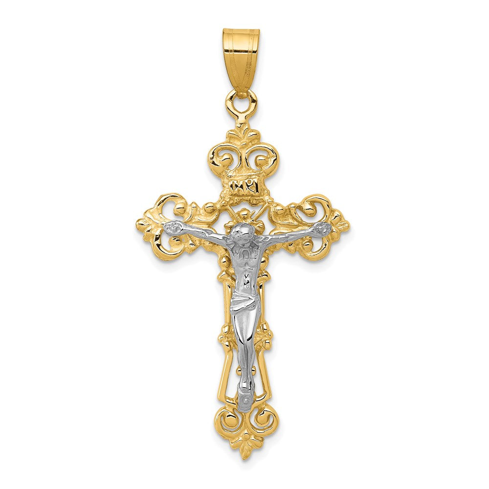 14k Two-tone INRI Fleur De Lis Crucifix Pendant, 47 x 23 mm