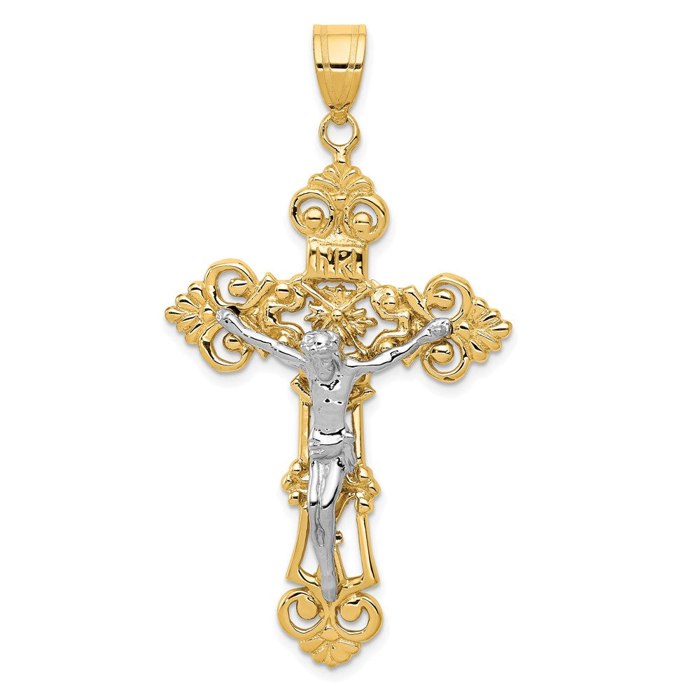 14k Two-tone INRI Fleur De Lis Crucifix Pendant, 57 x 31 mm