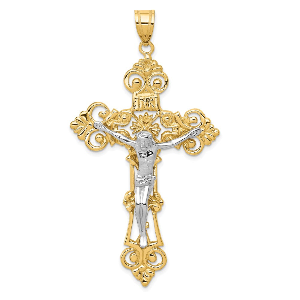 14k Two-tone INRI Fleur De Lis Crucifix Pendant, 68 x 36 mm