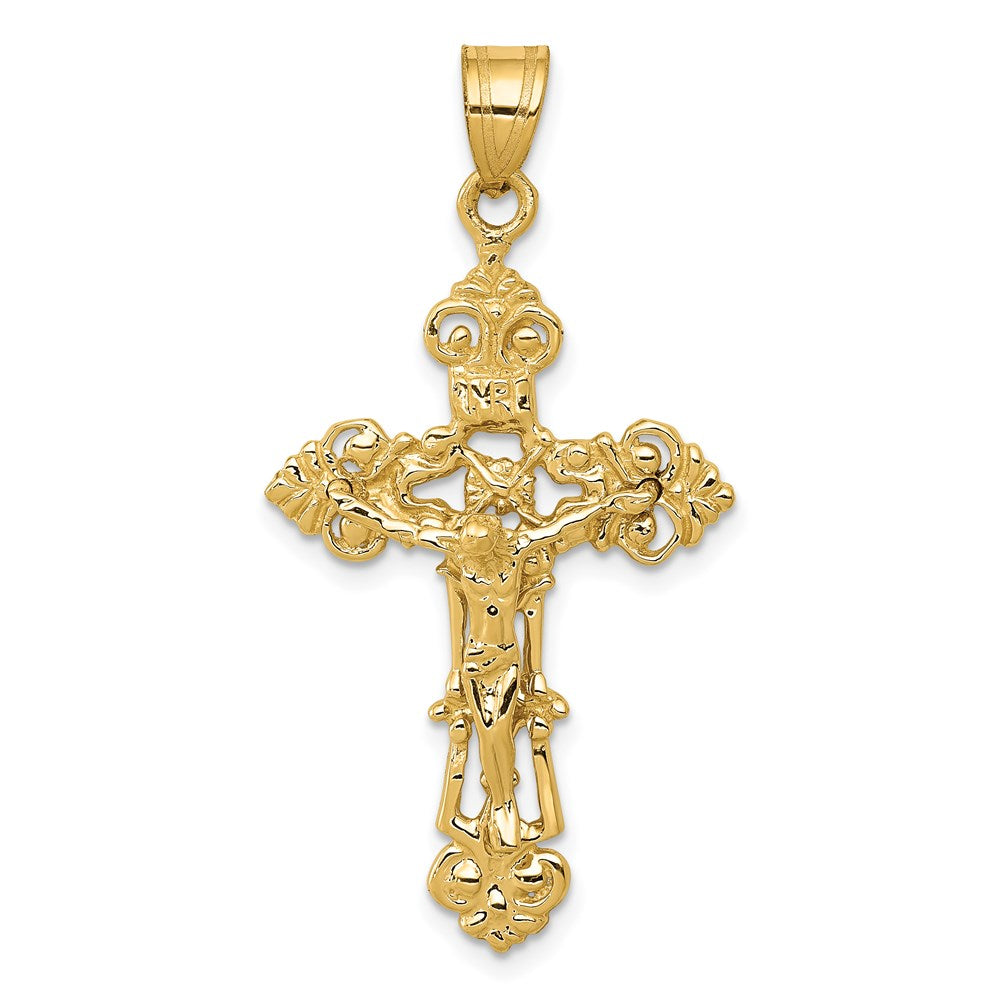 14k INRI Fleur De Lis Crucifix Pendant, 41 x 21 mm