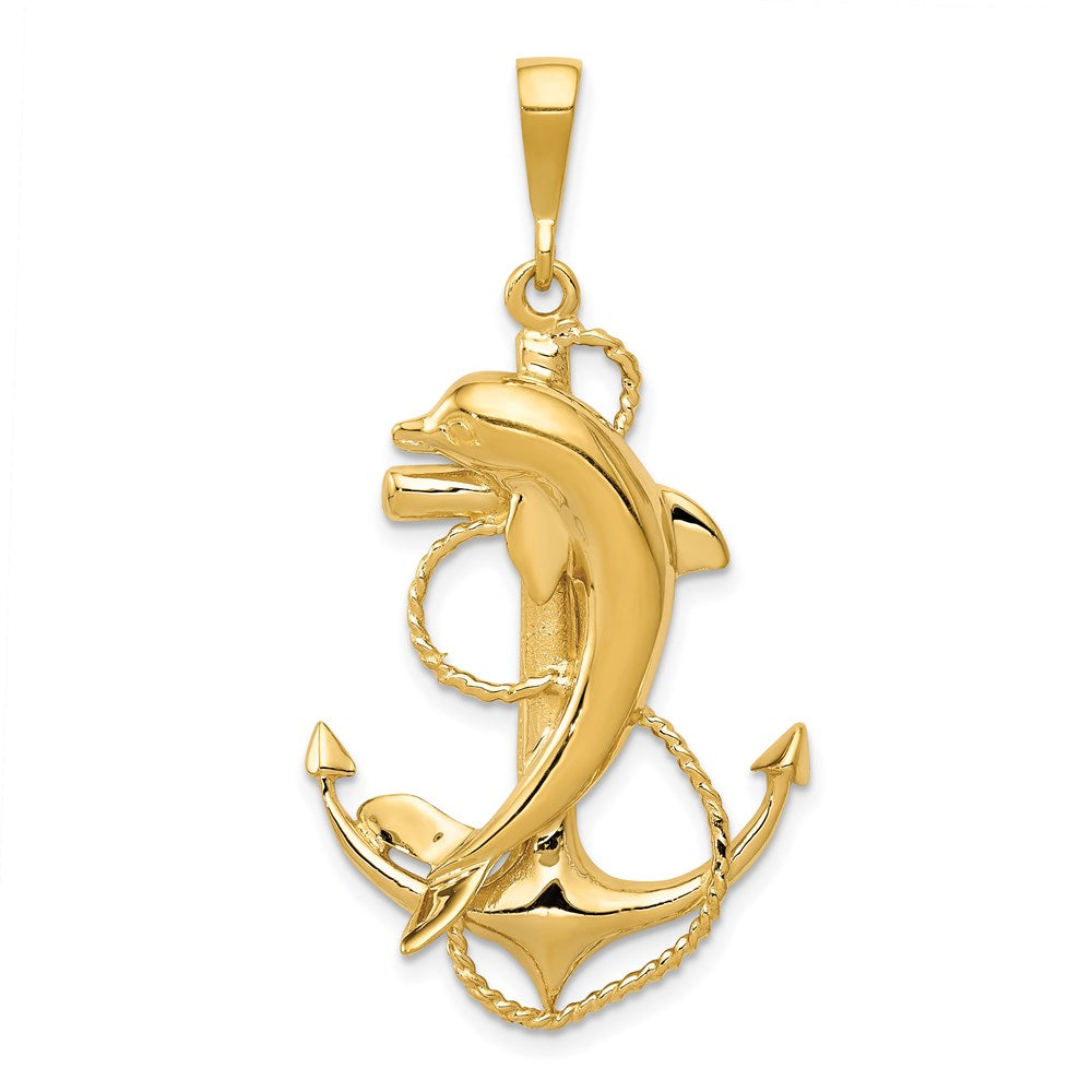 14k Solid Polished Anchor with Dolphin Pendant, 44 x 23 mm