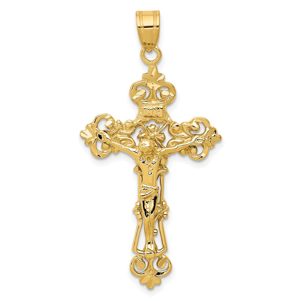 14k INRI Fleur De Lis Crucifix Pendant, 46 x 24 mm