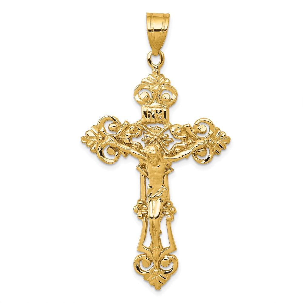 14k INRI Fleur De Lis Crucifix Pendant, 57 x 31 mm