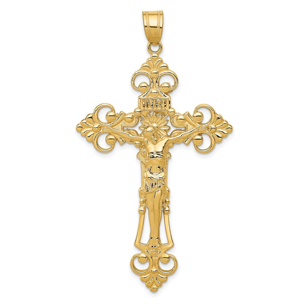 14k INRI Fleur De Lis Crucifix Pendant, 66 x 36 mm