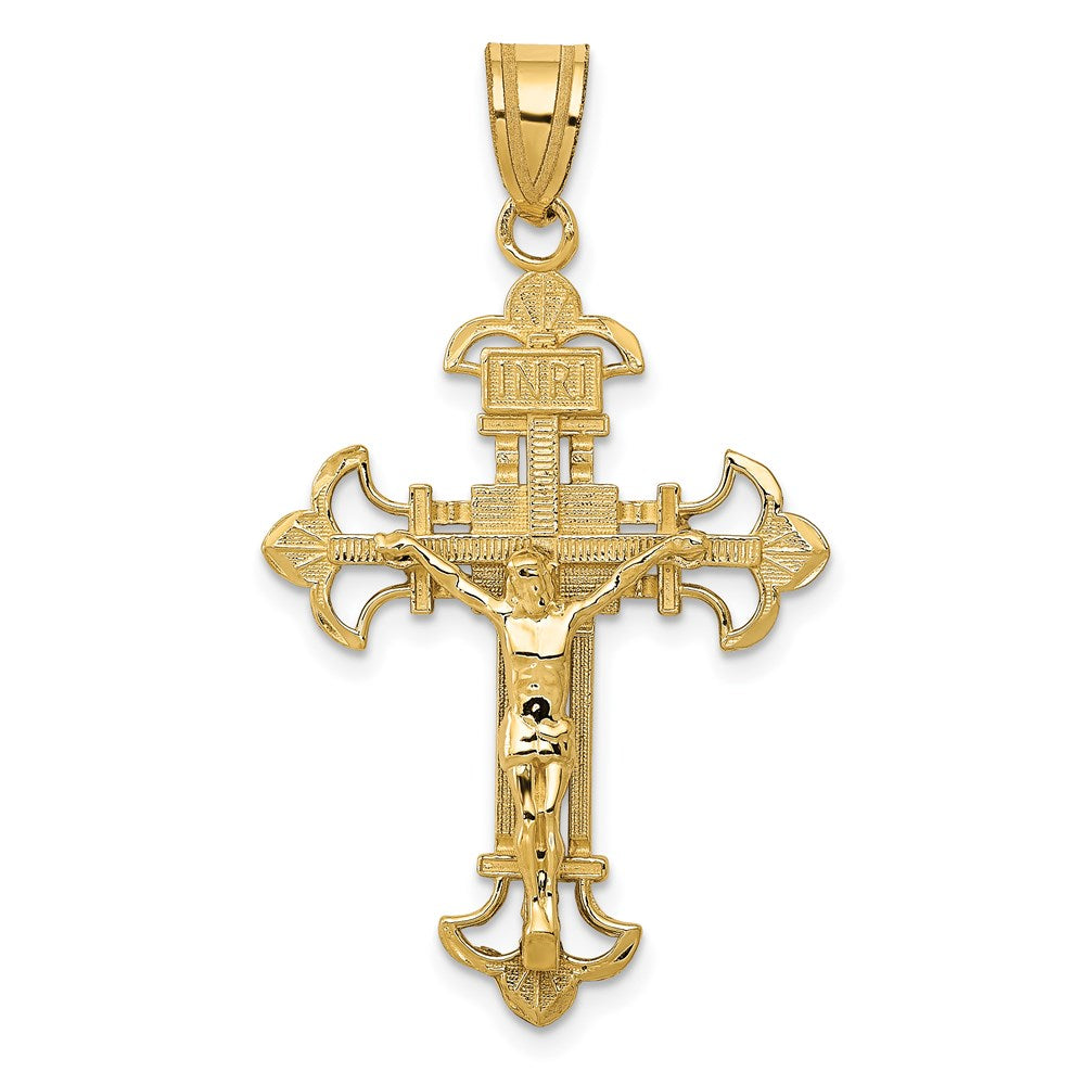 14k INRI Fleur De Lis Crucifix Pendant, 39 x 22 mm