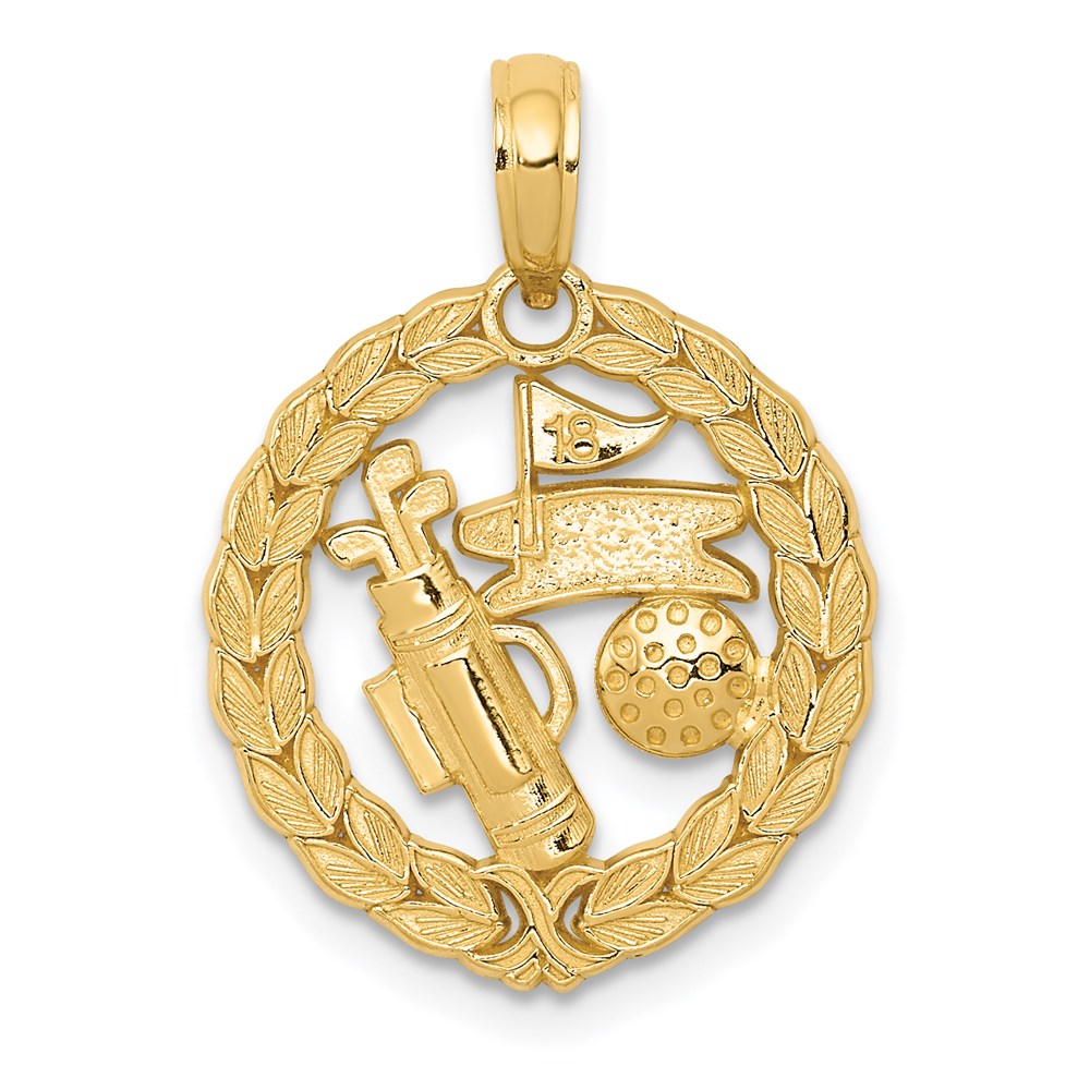 14k Solid Polished Golf Theme Circle Pendant, 22 x 16 mm