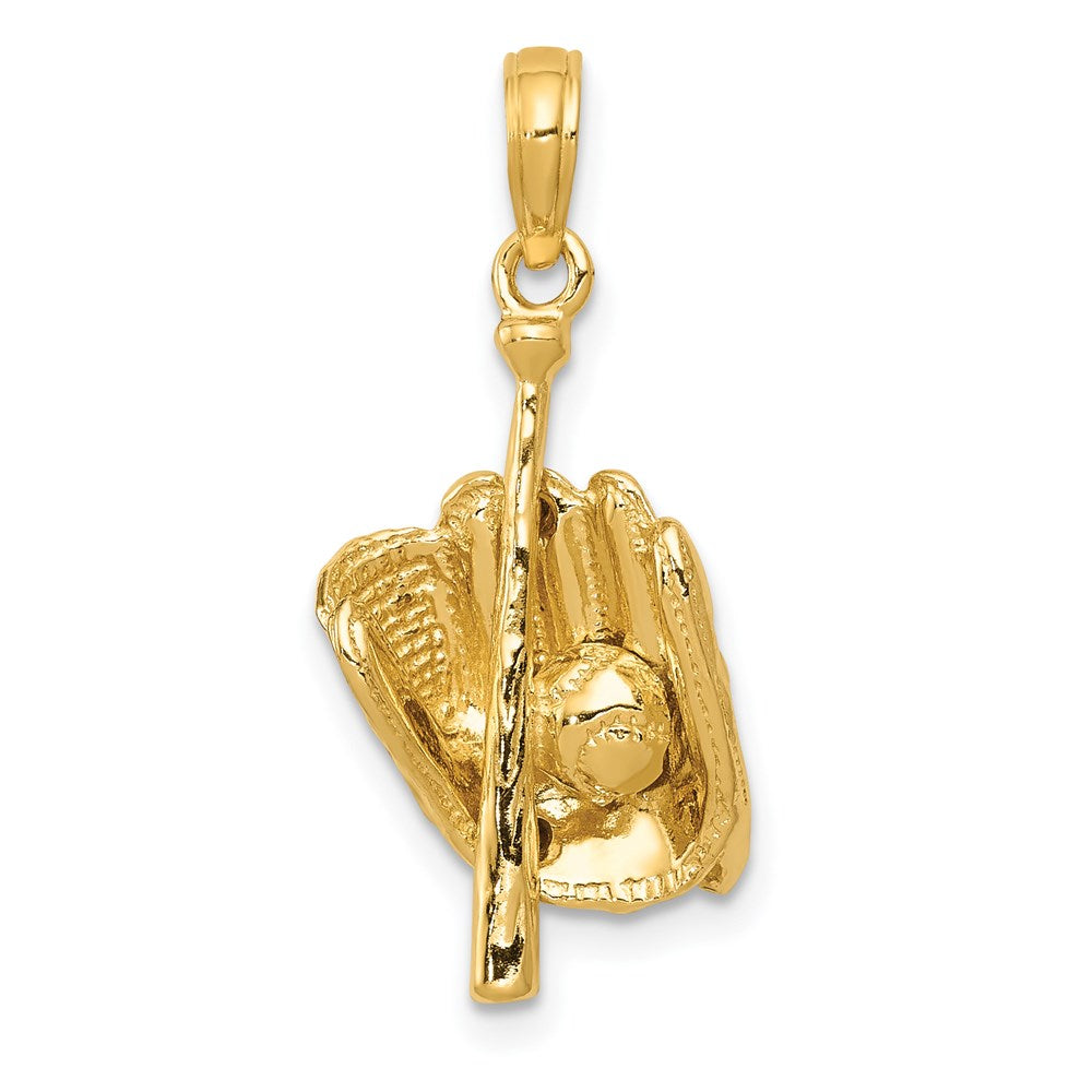 14K Polished 3-D Glove/Bat/Baseball Pendant, 23 x 11 mm