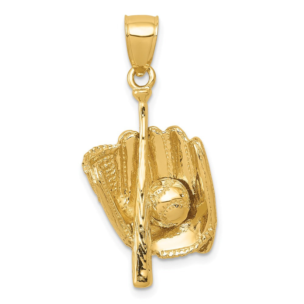 14K Polished 3-D Glove/Bat/Baseball Pendant, 28 x 13 mm
