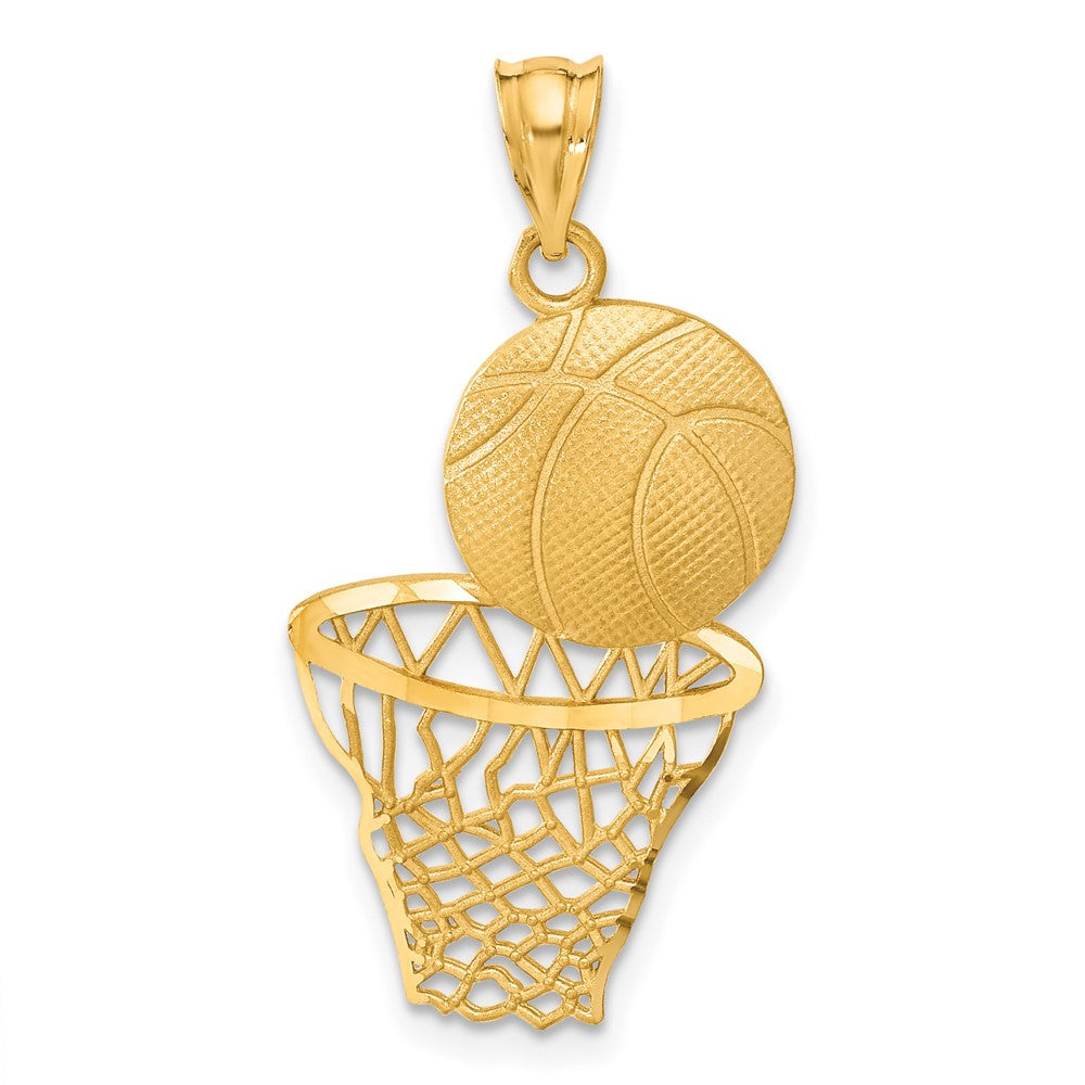 14K Satin Diamond-Cut Basketball and Net Pendant, 33 x 17 mm