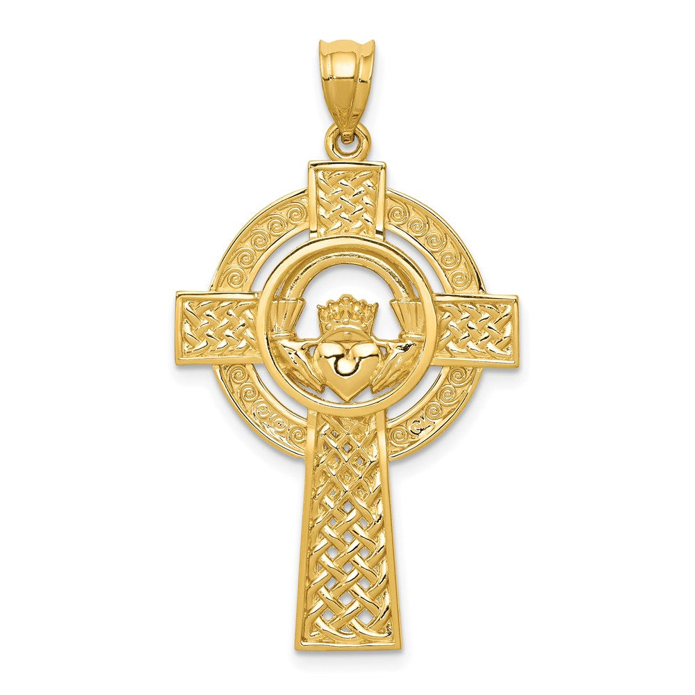14k Celtic Claddagh Cross Pendant, 40 x 22 mm