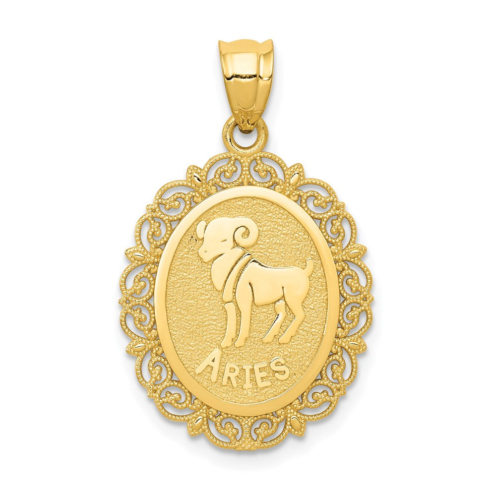 14k Solid Satin Polished Aries Zodiac Oval Pendant, 28 x 17 mm