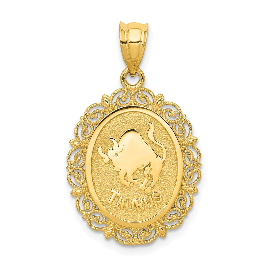 14k Solid Satin Polished Taurus Zodiac Oval Pendant, 28 x 17 mm