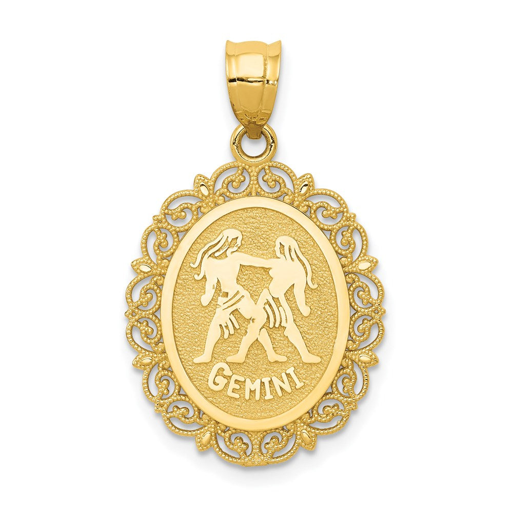 14k Solid Satin Polished Gemini Zodiac Oval Pendant, 28 x 17 mm