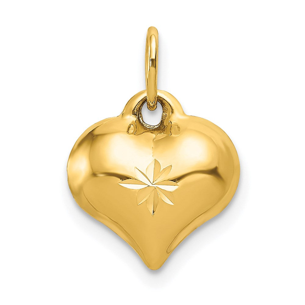 14K Polished 3-D Diamond-cut Puffed Heart Charm, 15 x 11 mm