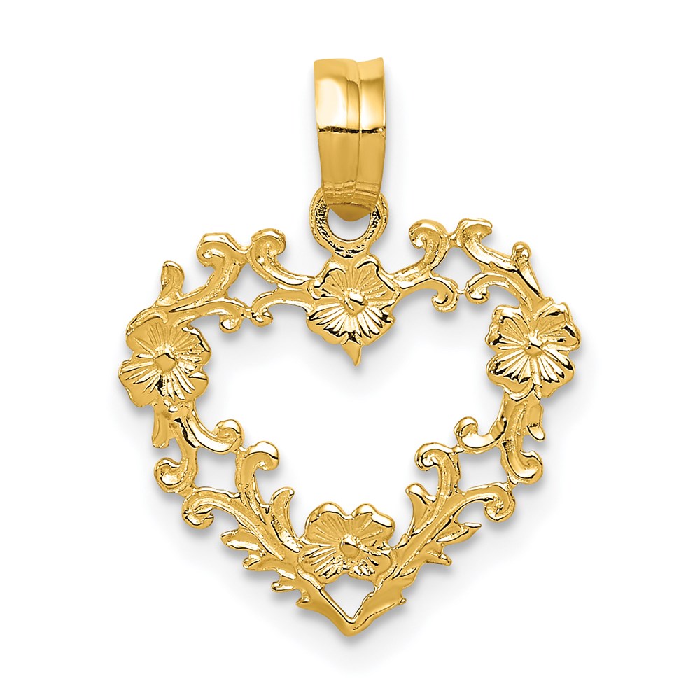 14K Polished Floral Border Heart Pendant, 19 x 15 mm