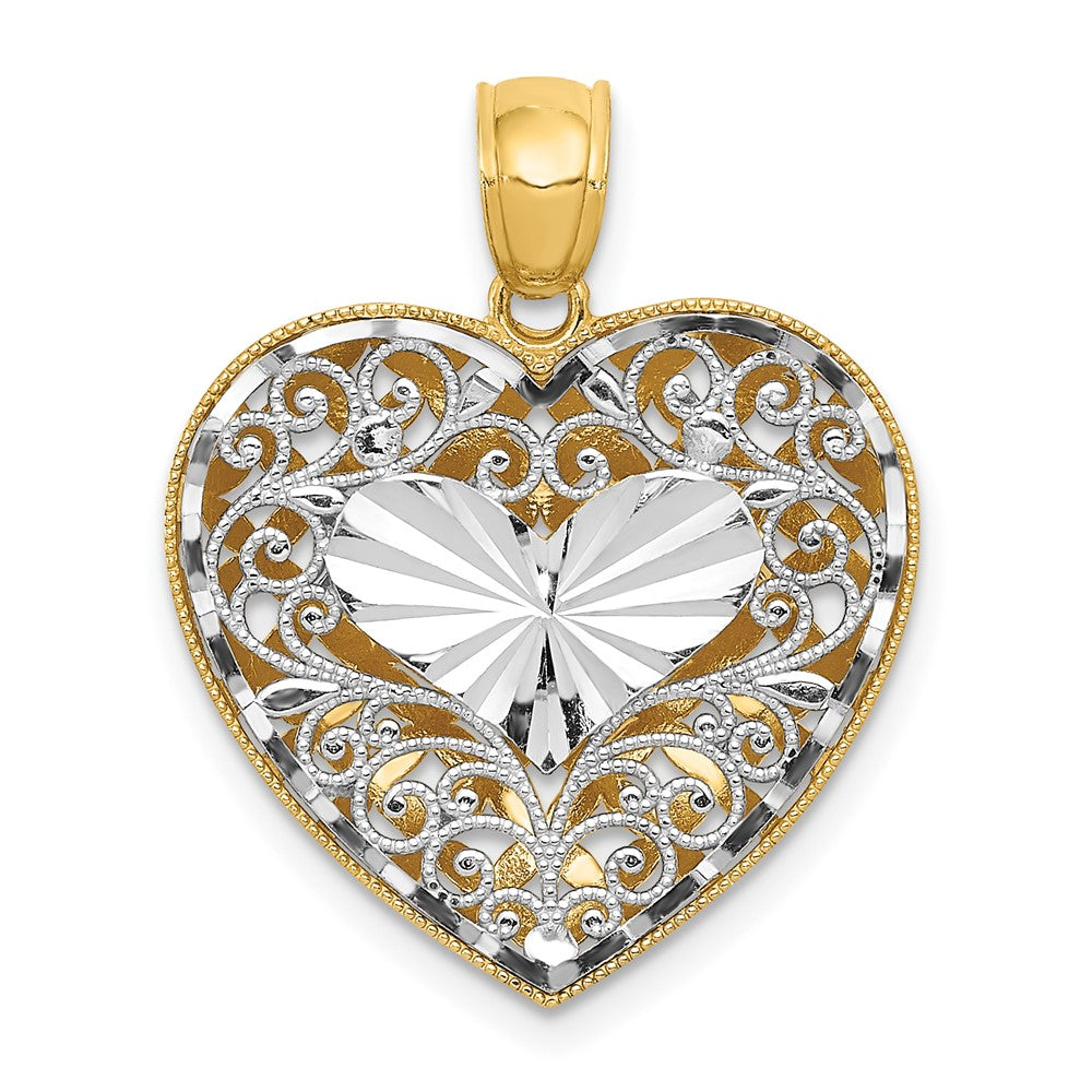 14K Two-tone Polished Reversible Diamond-cut Filigree Heart Pendant, 24 x 20 mm