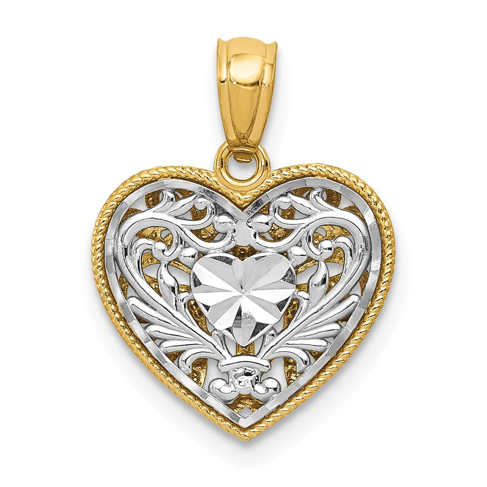 14K Two-tone Polished Diamond-cut Reversible Filigree Heart Pendant, 18 x 14 mm