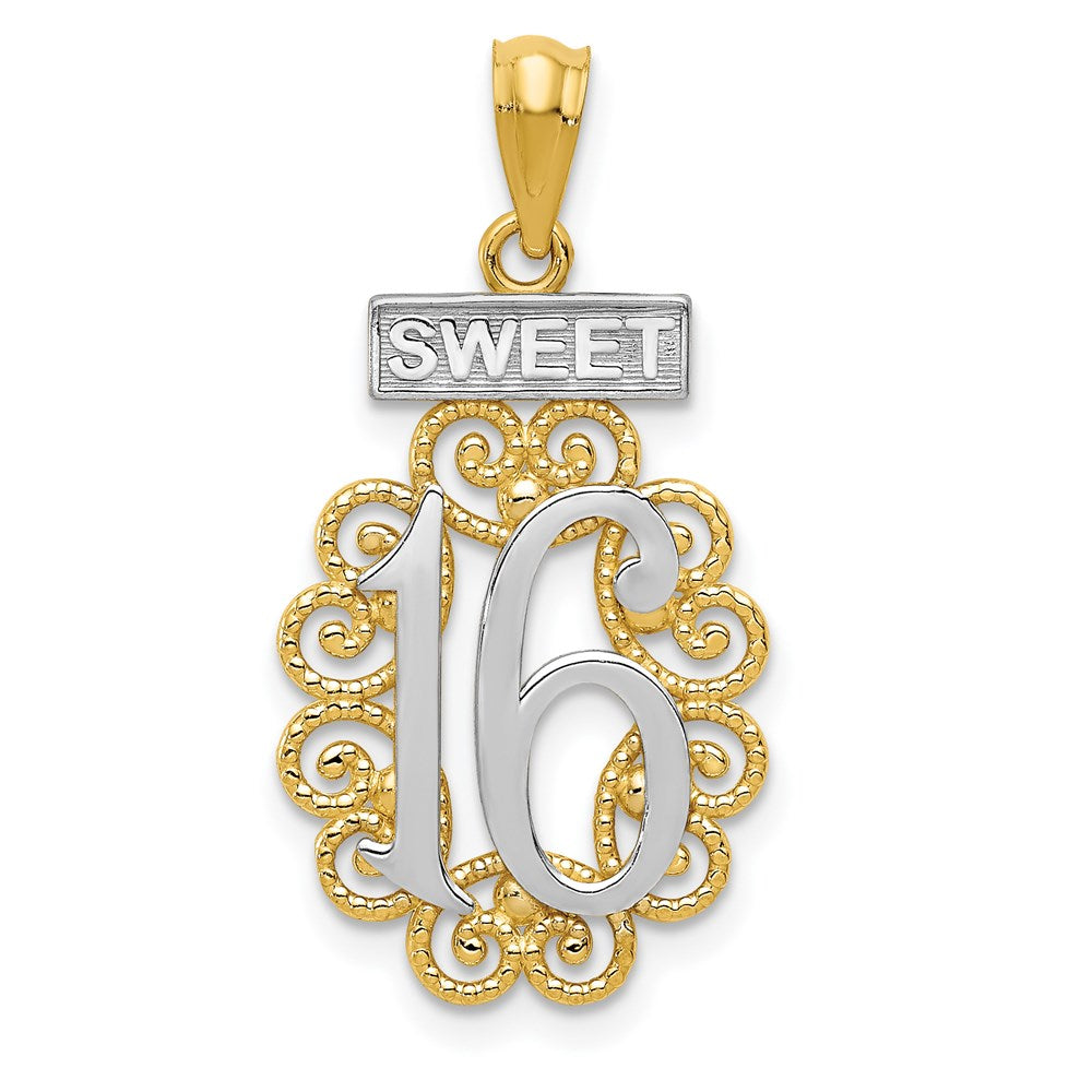 14k with White Rhodium Filigree SWEET 16 Pendant, 26 x 13 mm