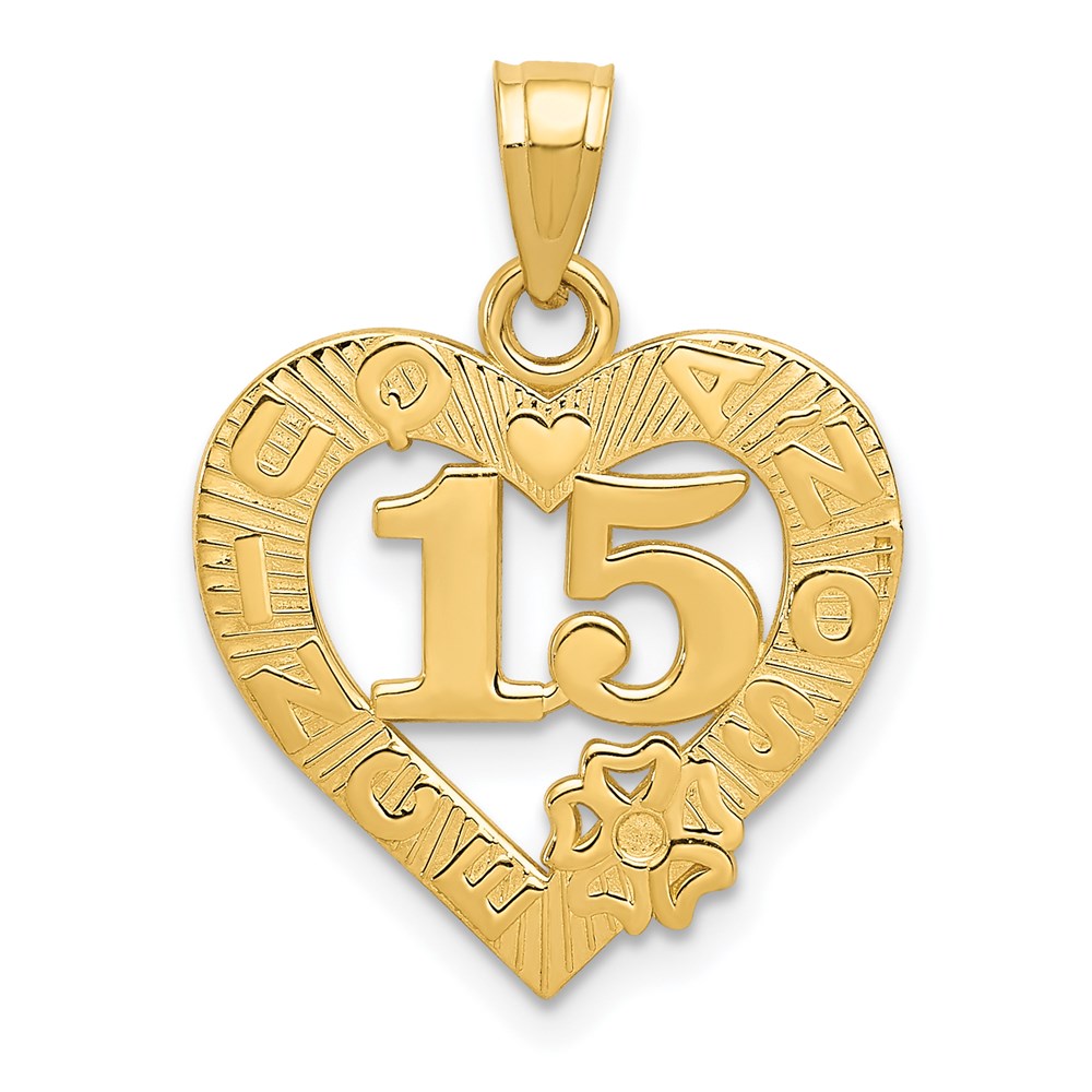 14k 15 in QUINCE ANOS Heart Frame Pendant, 20 x 16 mm