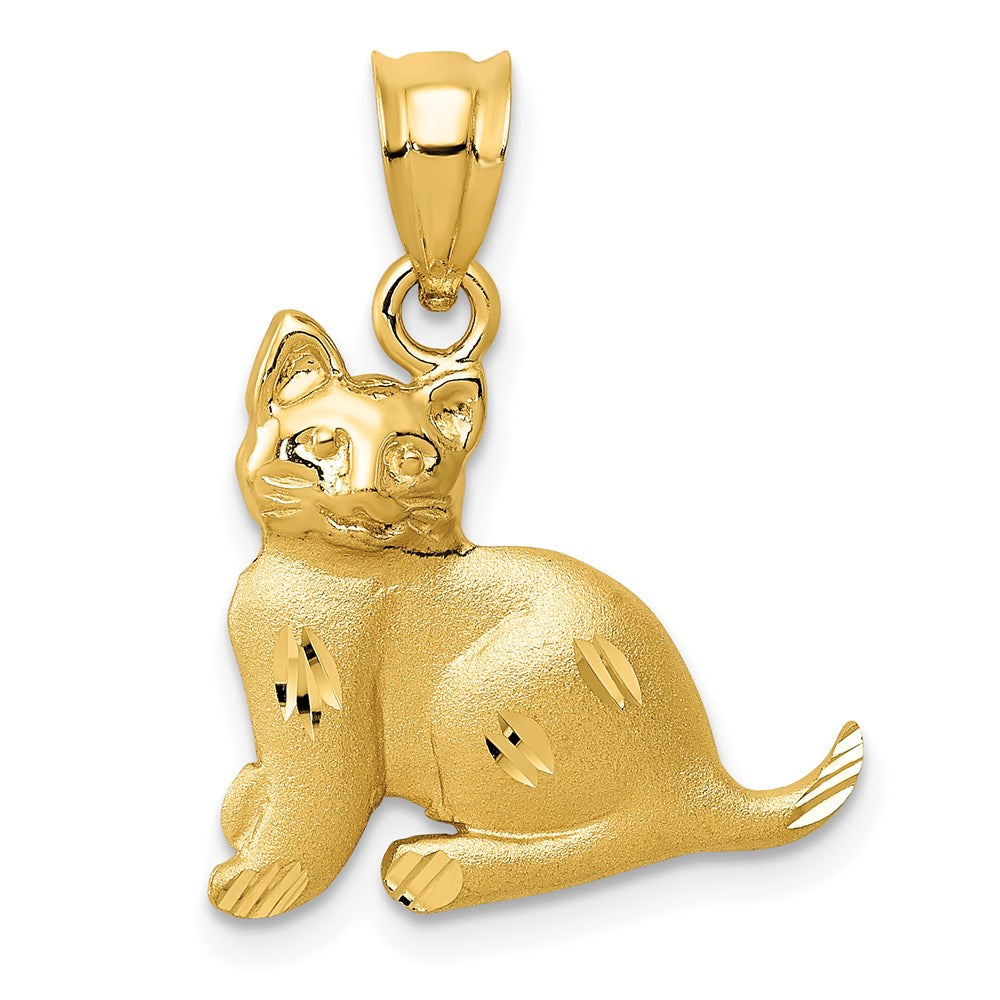 14k Satin Diamond-cut Cat Charm, 22 x 18 mm