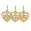 14k Triple Heart Diamond-cut BEST FRIENDS 3-Piece Break-apart Pendant, 14 x 26 mm
