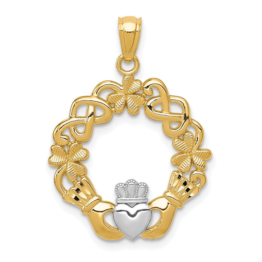 14k and White Rhodium Claddagh Pendant, 28 x 20 mm