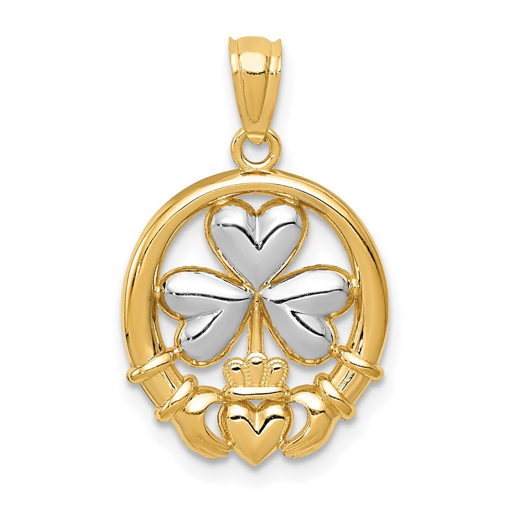 14k Rhodium-plated Shamrock and Claddagh Pendant, 24 x 15.5 mm