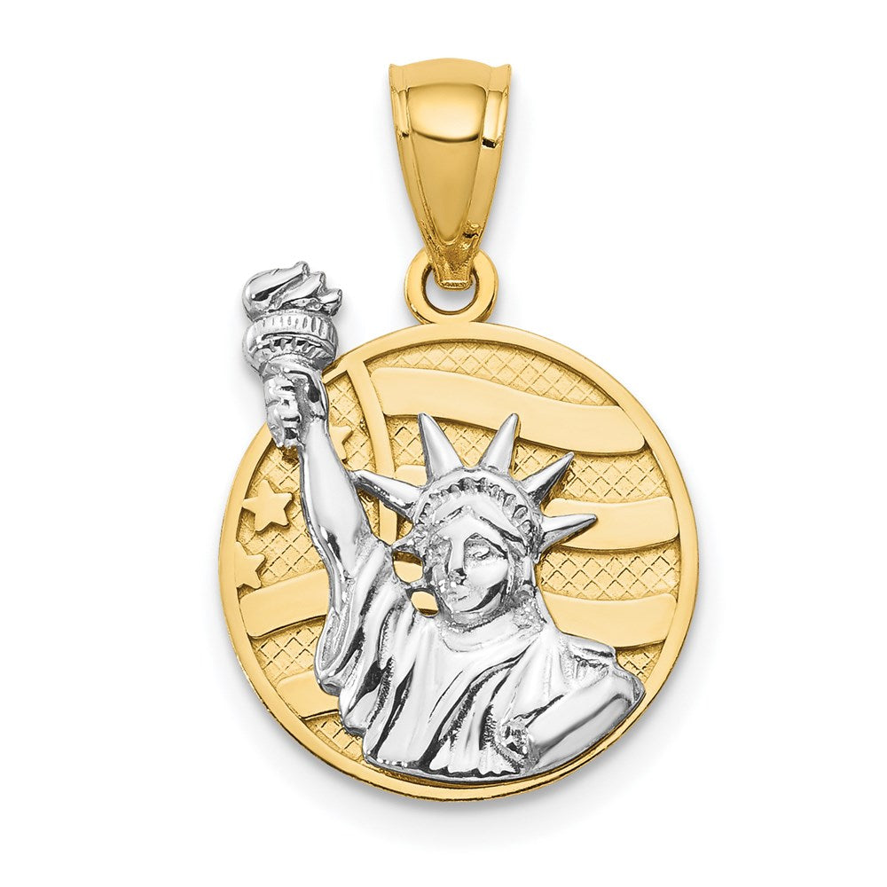 14k Two-tone Lady Liberty on American Flag Disk Pendant, 21 x 13.5 mm