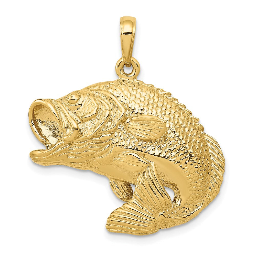 14k Large Bass Fish Jumping Pendant, 30 x 27 mm