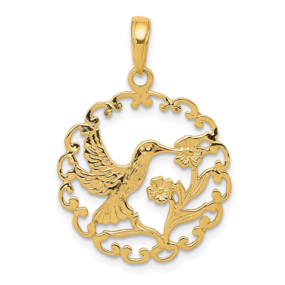 14k Hummingbird with Flower Round Scalloped Frame Pendant, 27 x 20 mm