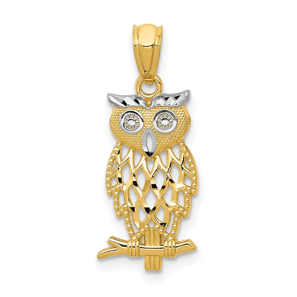 14k and White Rhodium Diamond-cut Owl Pendant, 24 x 9 mm